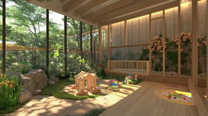 Fototapeta premium A bright, modern playroom with large windows overlooking a lush green garden, complete with a wooden playhouse, toys, and a cozy rug.