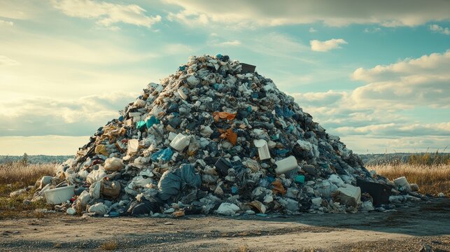 A mountain of trash is piled high in the middle of a field - Powered by Adobe