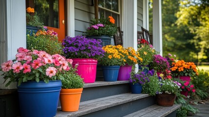 Fototapeta premium gardening decor, bright planters filled with blooming flowers adorn the front porch steps, enhancing the houses exterior with a touch of charm