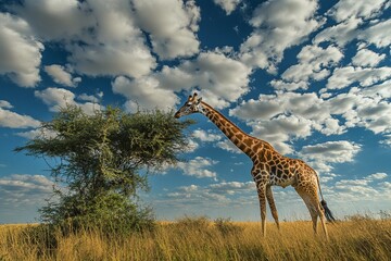 Fototapeta premium Majestic Giraffe Grazing Under a Dramatic Sky in the African Savanna