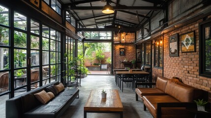 Industrial chic cafe interior with exposed brick walls, large windows, and wooden furniture.
