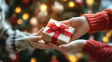 Woman is giving a christmas present to a child in front of a decorated christmas tree. The gift is wrapped in white paper with red dots and a red ribbon