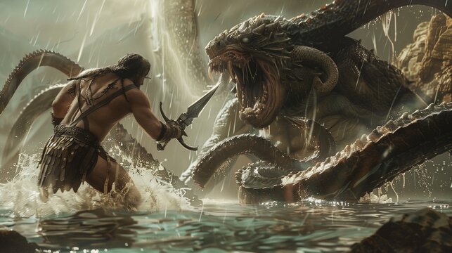 Hercules Slaying the Multi-Headed Hydra with Sword in Murky Swamp Background.