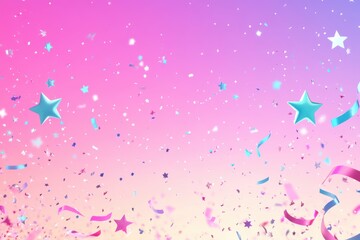 Fototapeta premium A vibrant, celebratory sky with stars, ribbons, and confetti in a gradient of pink to yellow.
