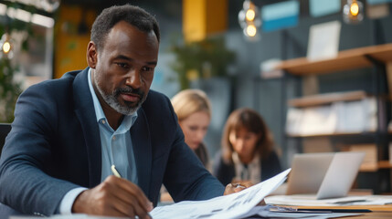 Businessman reviewing reports with colleagues in an office