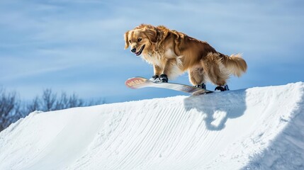 Naklejka premium A dog on a snowboard, catching some air off a snow ramp, with a blue sky in the background