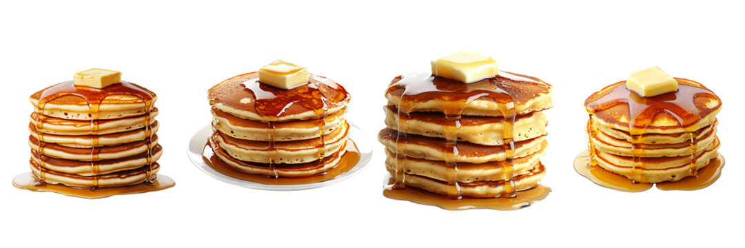  stack of fluffy pancakes drizzled with syrup  isolated on transparent png background