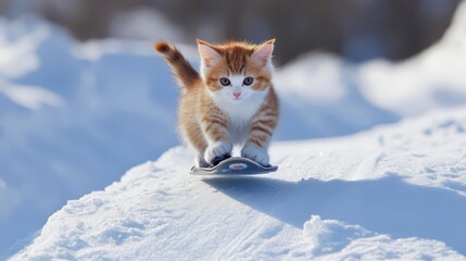 A playful kitten attempting its first snowboard ride down a gentle snowy slope