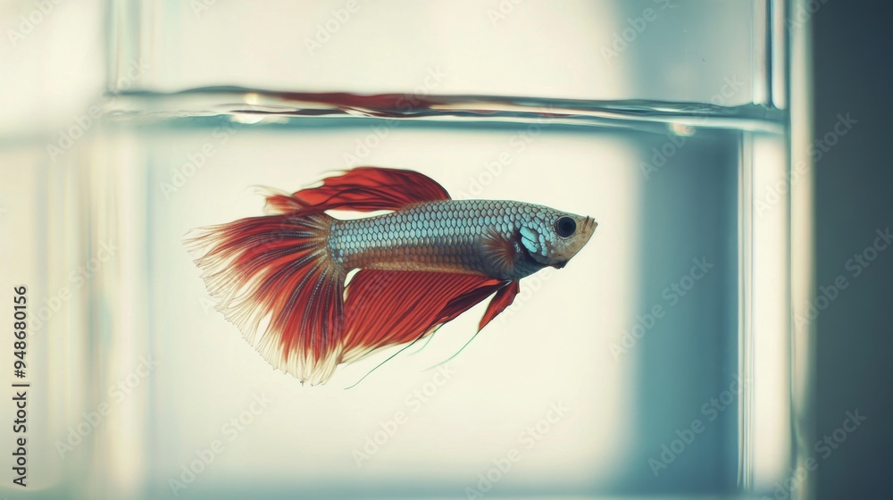 Poster A serene image of a betta fish in a glass tank, with the tank's clear sides and a white background creating a crisp and clear view of the fish's features