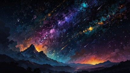 Fototapeta premium Night Sky with Shooting Stars and Mountains