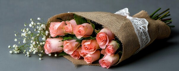 Burlap sack overflowing with soft pink roses and baby's breath, tied with a delicate lace ribbon, pink flowers sack, romantic pink bouquet