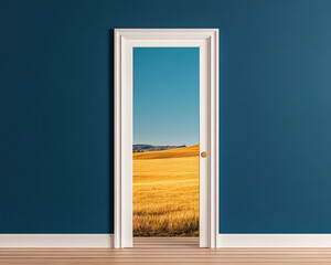 A doorscape revealing a vibrant golden field, framed by a modern interior. A perfect blend of nature and design.