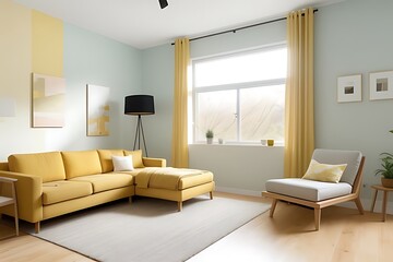 Fototapeta premium Modern living room with yellow worn-effect wall.