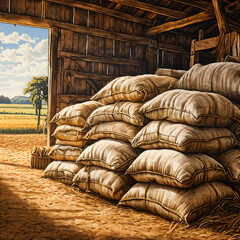 Wheat Barley Grain Bags on Farm Storage Barn Warehouse Farming Cereal Food Harvest Organic Produce Agriculture Industry Illustration