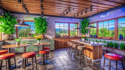 Fototapeta premium Realistic stock photography of a modern pancake house bar with a vintage twist, featuring a polished wooden counter with stacks of fluffy pancakes, glass syrup bottles, and retro diner stoolsRealistic