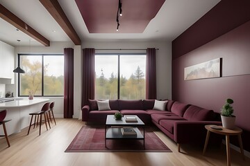 Modern living room with burgundy pastel wall.


