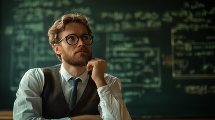 teachern is thinking about doing homework on blackboard background