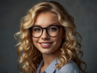 Obraz premium Confident young blonde model with glasses, curly hair, smiling indoors 