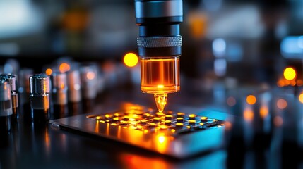 Close-up of a high-tech microscope injecting liquid onto a microchip with glowing lights, showcasing advanced technology in action.