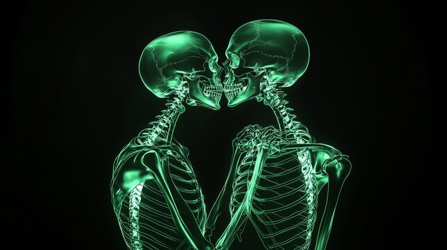A green neon x-ray of two skeletons in love