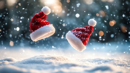 Christmas hats falling on the snow on Christmas Day