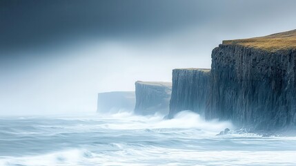 Dramatic coastline with rugged cliffs and crashing waves under a moody sky, evoking a sense of raw,...