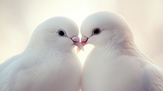 Two majestic white pegeons share kiss