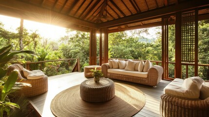 Fototapeta premium A wicker sofa and chairs on a patio overlooking a lush jungle, bathed in warm, golden sunlight.
