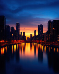 Fototapeta premium Stunning city skyline at twilight, reflecting vibrant colors in the water, creating a serene urban atmosphere.