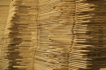 Stacks of many wooden planks, closeup view