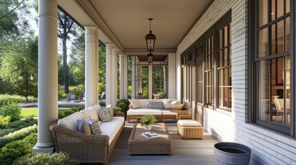 A large, covered porch with wicker furniture and a view of the backyard.
