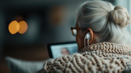 An elderly woman with headphones engages in a video call using a tablet, sitting in a softly lit room, highlighting the importance of technology in keeping connections alive.