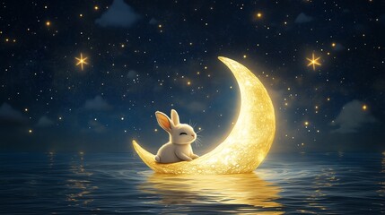 White rabbit sitting on a yellow moon