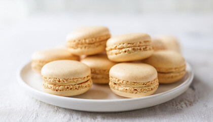 Beige macaroons in ceramic white plate. Tasty dessert. Sweet food. Traditional French bakery snack.