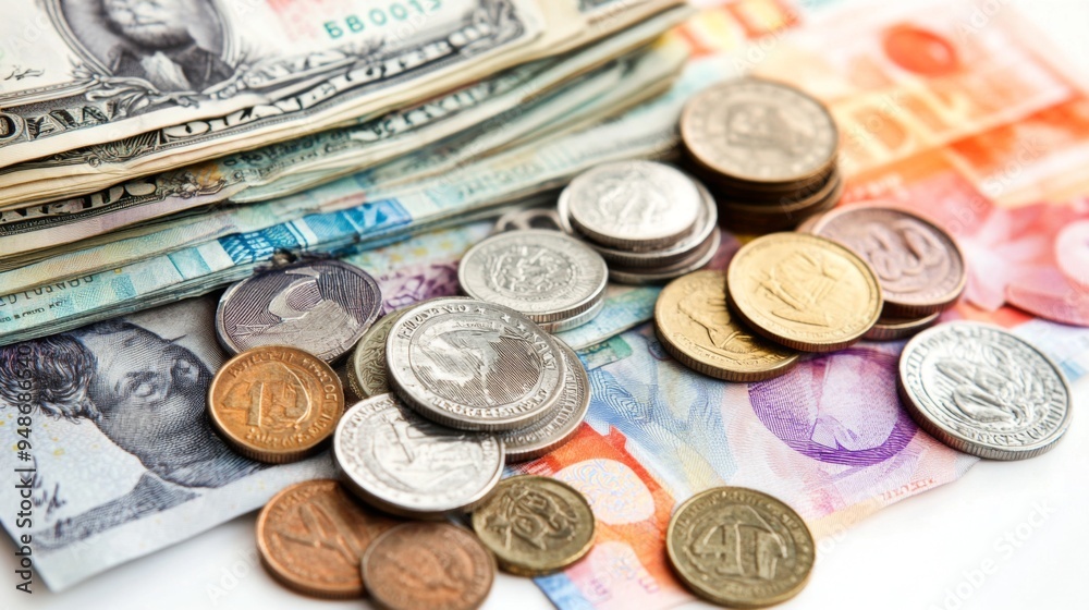 Poster A stack of various currency notes and coins arranged neatly on a white background, highlighting the diversity and value of different currencies.