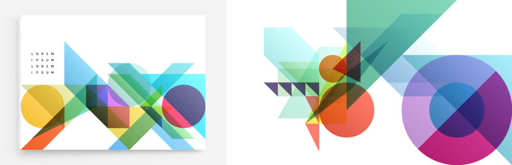 Obraz premium Art composition of flat colorful vector shapes. Abstract transparency geometrical background. Cover design template for presentation, corporate cover document, banner, flyer, poster, brochure.