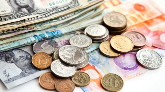 A stack of various currency notes and coins arranged neatly on a white background, highlighting the diversity and value of different currencies.