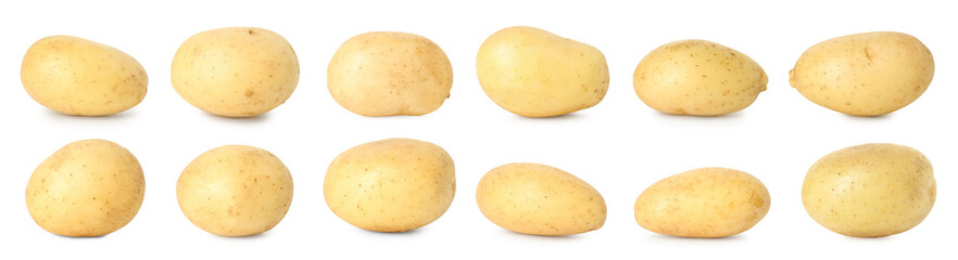 Many whole potatoes isolated on white, set