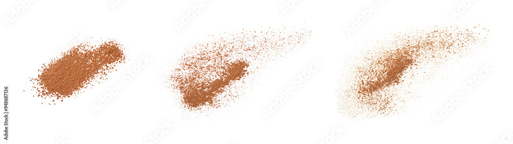 Poster Aromatic cinnamon powder on white background, set. Top view