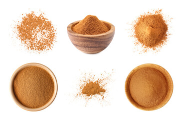 Aromatic cinnamon powder on white background, set