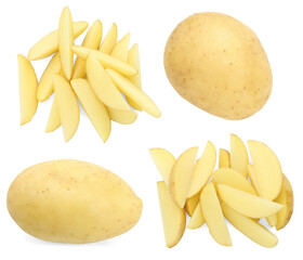 Fresh potatoes isolated on white, set. Sliced and whole