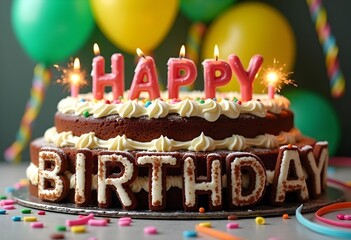 Fun Birthday Cake with Letter Candles and Colorful Decorations