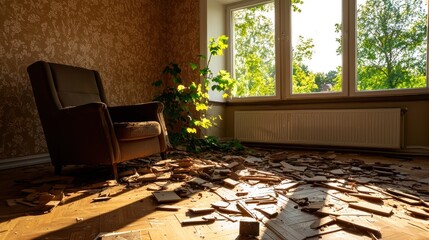 An abandoned room with a broken floor and a single chair, illuminated by sunlight streaming through the large windows.