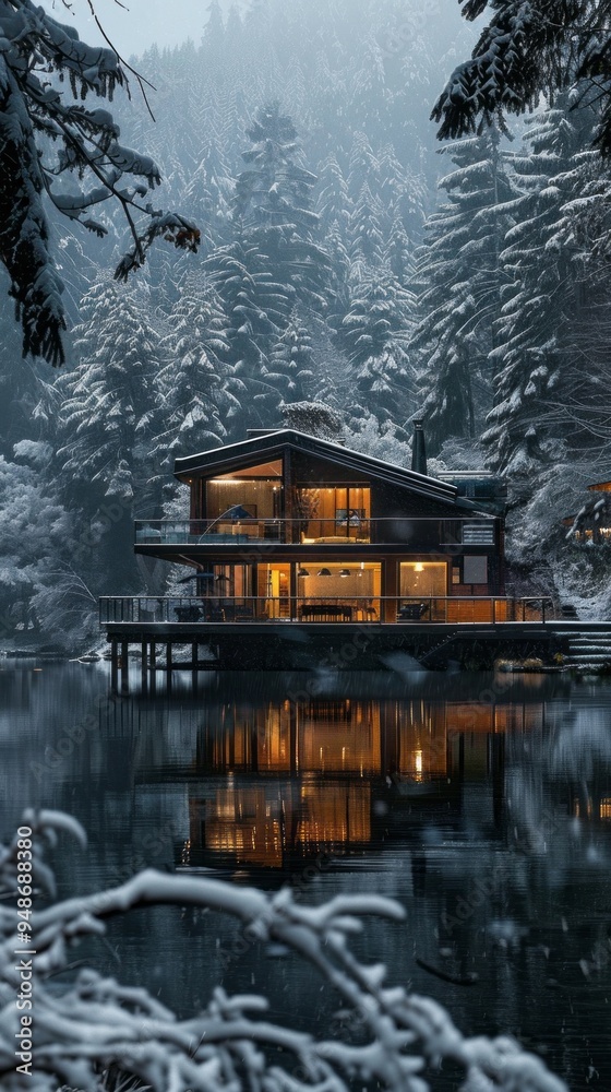 Poster a house with a large deck and a lake in the background
