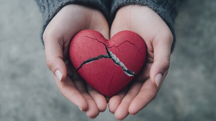 Fototapeta premium A close-up of hands gently holding a cracked but mending heart, symbolizing the fragile but resilient nature of healing from grief.