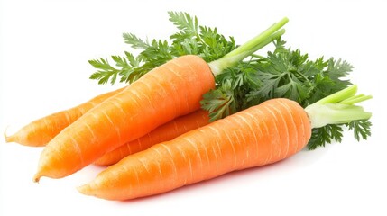 Carrots isolated. Carrot on white background. Three carrots with green leaves. With clipping path. Full depth of field