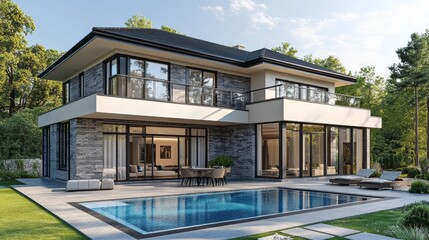 A large house with a pool and a patio