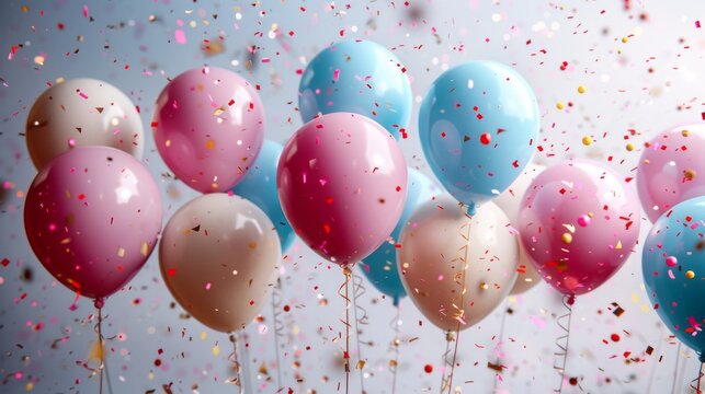 Happy birthday. Colorful birthday balloons and streamers on white background, birthday party backdrop for photography studio