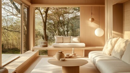 Obraz premium Minimalist living room with large windows overlooking a forest.