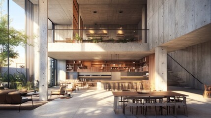 A modern open plan home with a concrete interior, a wooden dining table, a kitchen island and a large window looking out to trees.